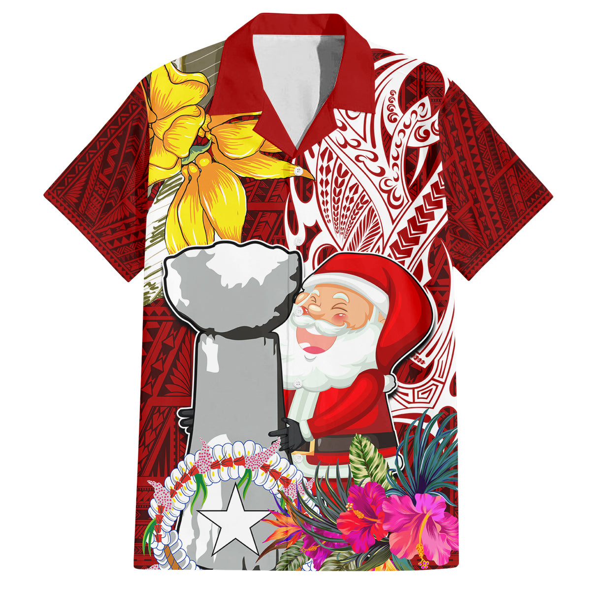 Custom Northern Mariana Islands Christmas Family Matching Puletasi Dress and Hawaiian Shirt Funny Santa Hug Latte Stone Ylang-ylang and Polynesia Pattern Red LT03 Dad's Shirt - Short Sleeve Red - Polynesian Pride