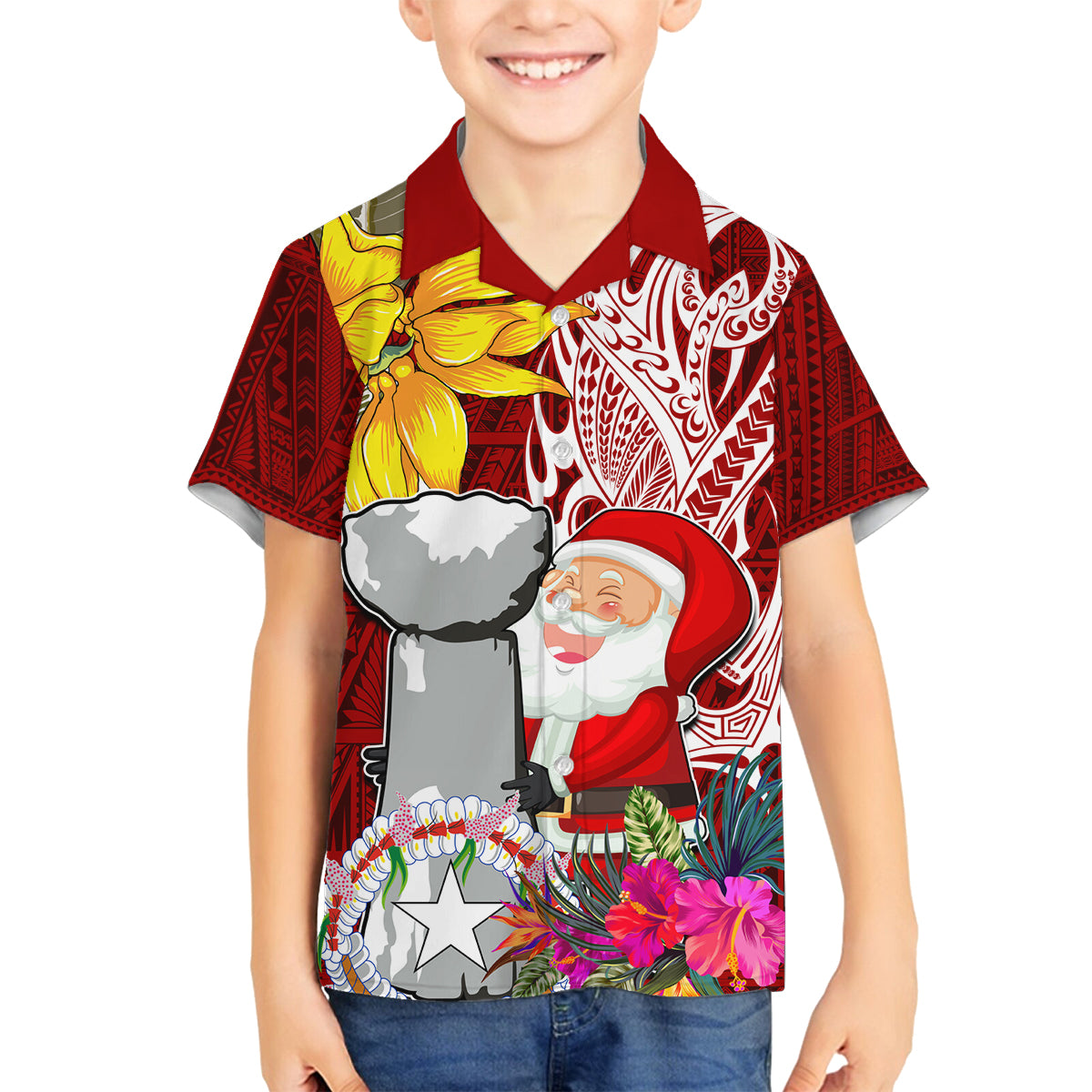 Custom Northern Mariana Islands Christmas Family Matching Puletasi Dress and Hawaiian Shirt Funny Santa Hug Latte Stone Ylang-ylang and Polynesia Pattern Red LT03 Son's Shirt Red - Polynesian Pride