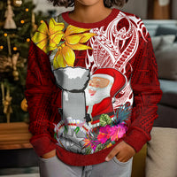 Custom Northern Mariana Islands Christmas Kid Ugly Christmas Sweater Funny Santa Hug Latte Stone Ylang-ylang and Polynesia Pattern Red LT03 - Polynesian Pride