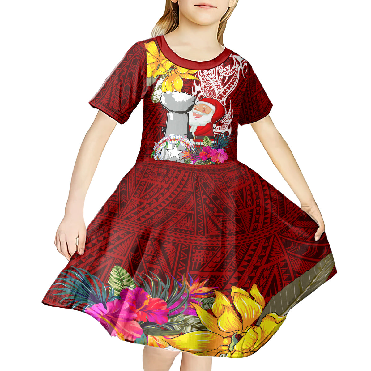 Custom Northern Mariana Islands Christmas Kid Short Sleeve Dress Funny Santa Hug Latte Stone Ylang-ylang and Polynesia Pattern Red LT03 - Polynesian Pride