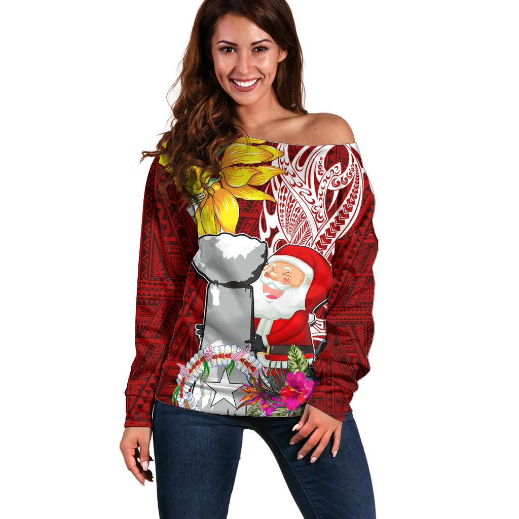 Custom Northern Mariana Islands Christmas Off Shoulder Sweater Funny Santa Hug Latte Stone Ylang-ylang and Polynesia Pattern Red LT03 Women Red - Polynesian Pride