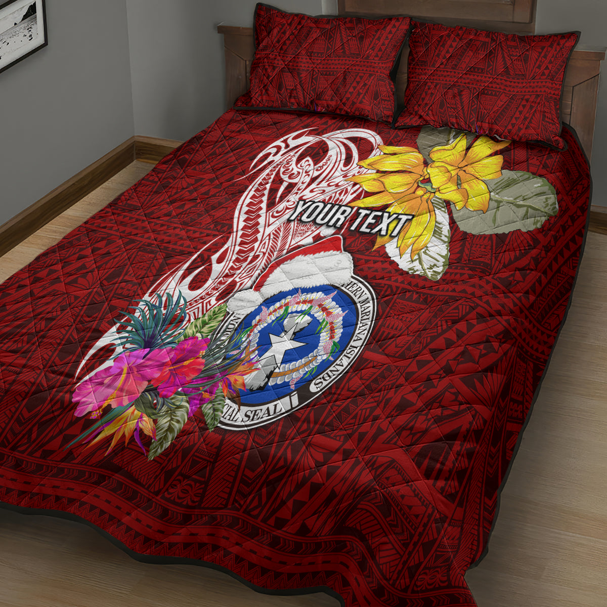 Custom Northern Mariana Islands Christmas Quilt Bed Set Funny Santa Hug Latte Stone Ylang-ylang and Polynesia Pattern Red LT03 - Polynesian Pride