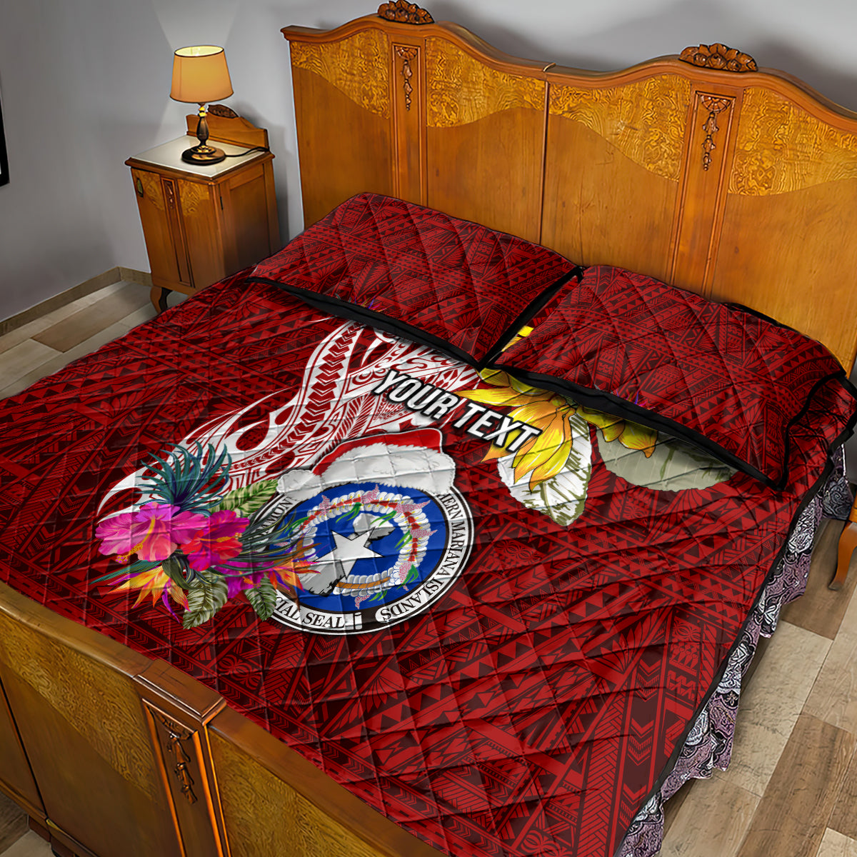 Custom Northern Mariana Islands Christmas Quilt Bed Set Funny Santa Hug Latte Stone Ylang-ylang and Polynesia Pattern Red LT03 - Polynesian Pride