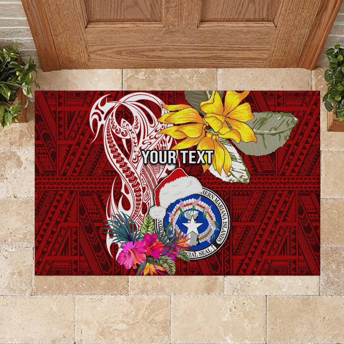 Custom Northern Mariana Islands Christmas Rubber Doormat Funny Santa Hug Latte Stone Ylang-ylang and Polynesia Pattern Red LT03 - Polynesian Pride