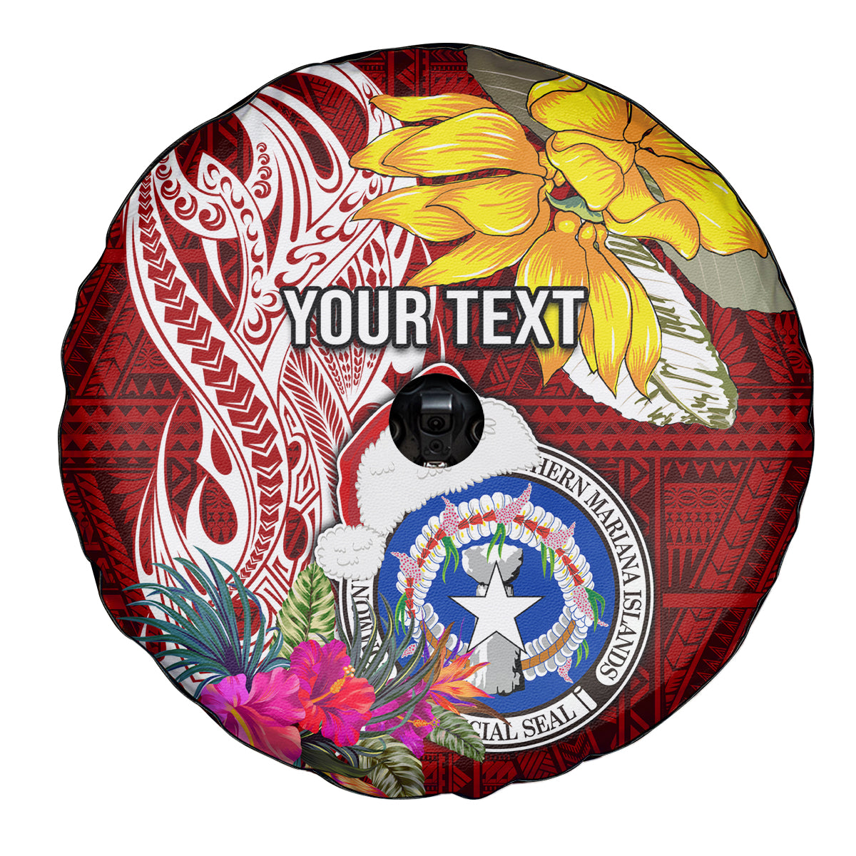 Custom Northern Mariana Islands Christmas Spare Tire Cover Funny Santa Hug Latte Stone Ylang-ylang and Polynesia Pattern Red LT03 - Polynesian Pride