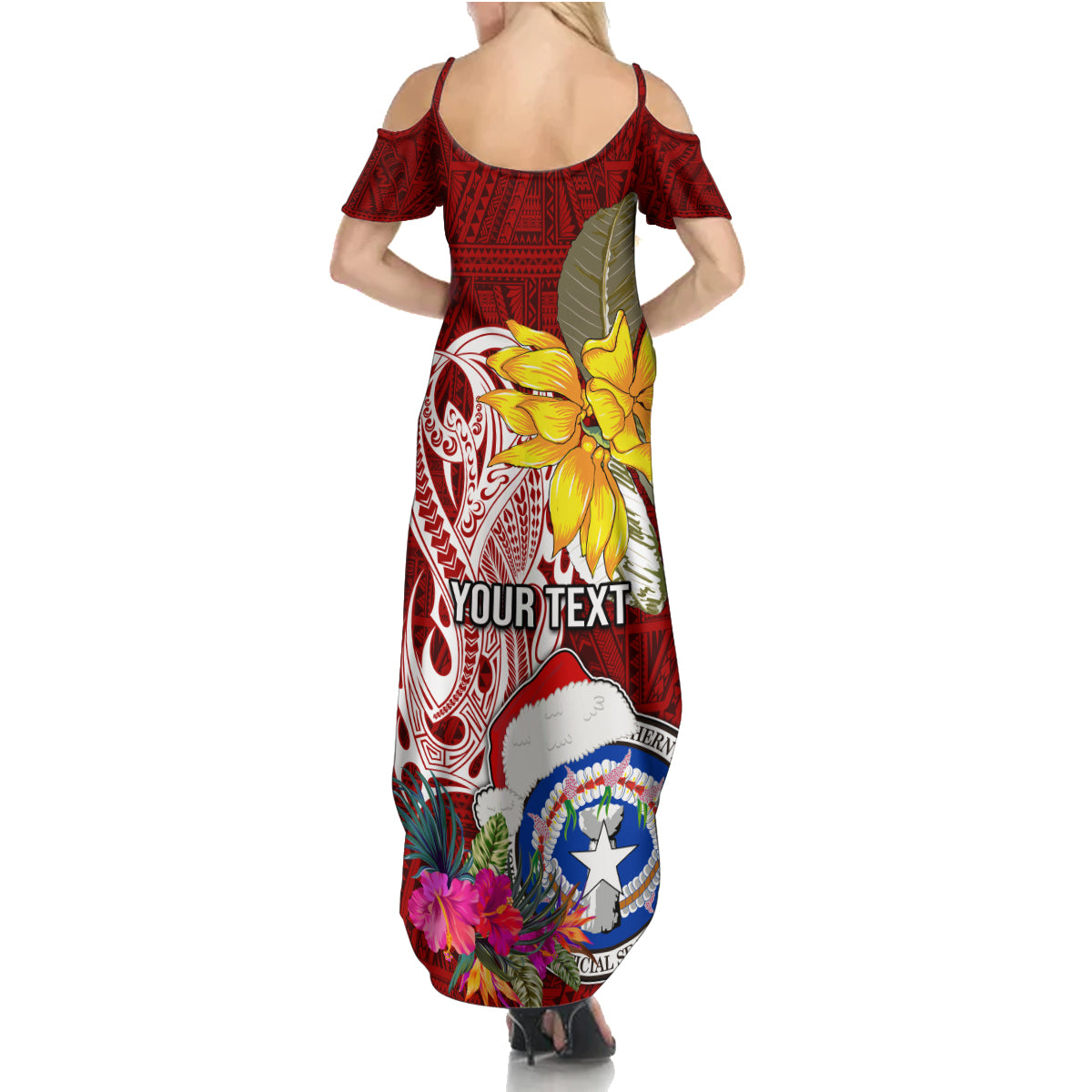 Custom Northern Mariana Islands Christmas Summer Maxi Dress Funny Santa Hug Latte Stone Ylang-ylang and Polynesia Pattern Red LT03 - Polynesian Pride