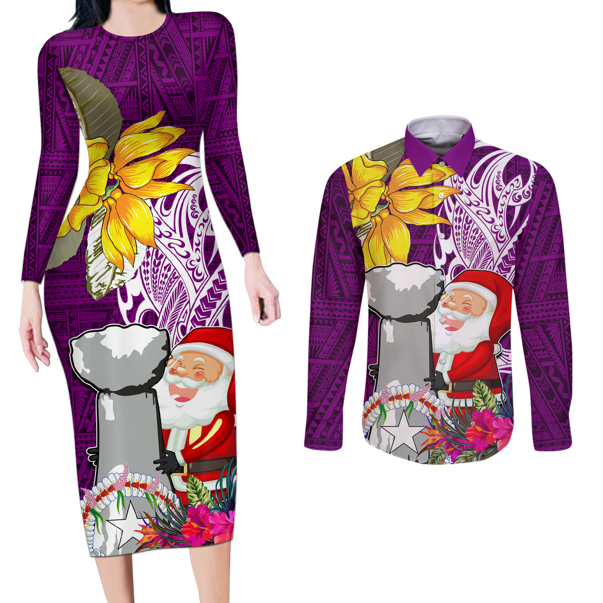 Custom Northern Mariana Islands Christmas Couples Matching Long Sleeve Bodycon Dress and Long Sleeve Button Shirt Funny Santa Hug Latte Stone Ylang-ylang and Polynesia Pattern Pink LT03 Pink - Polynesian Pride