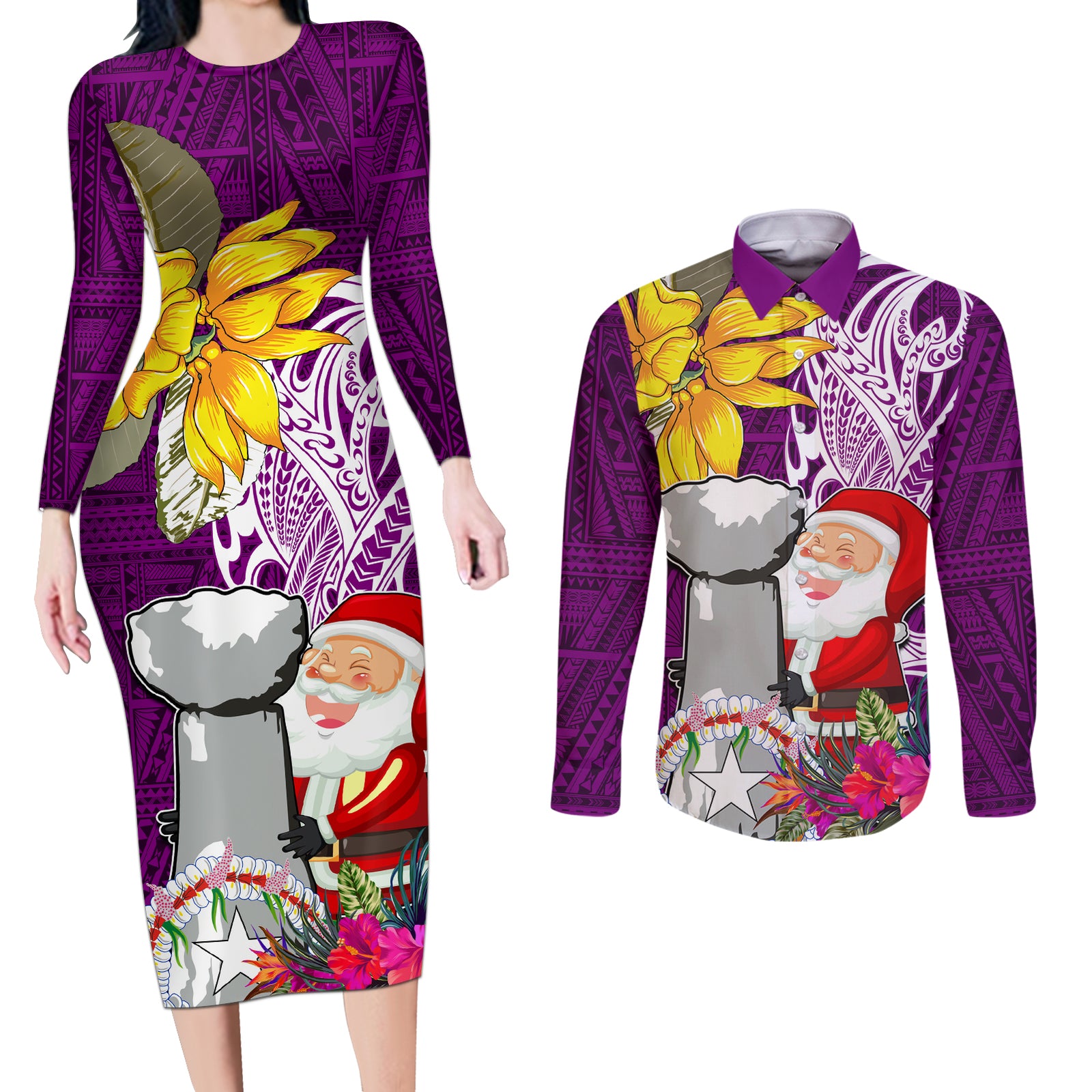 Custom Northern Mariana Islands Christmas Couples Matching Long Sleeve Bodycon Dress and Long Sleeve Button Shirt Funny Santa Hug Latte Stone Ylang-ylang and Polynesia Pattern Pink LT03 Pink - Polynesian Pride