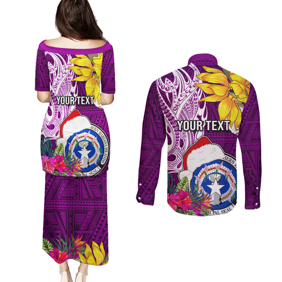 Custom Northern Mariana Islands Christmas Couples Matching Puletasi Dress and Long Sleeve Button Shirt Funny Santa Hug Latte Stone Ylang-ylang and Polynesia Pattern Pink LT03 - Polynesian Pride