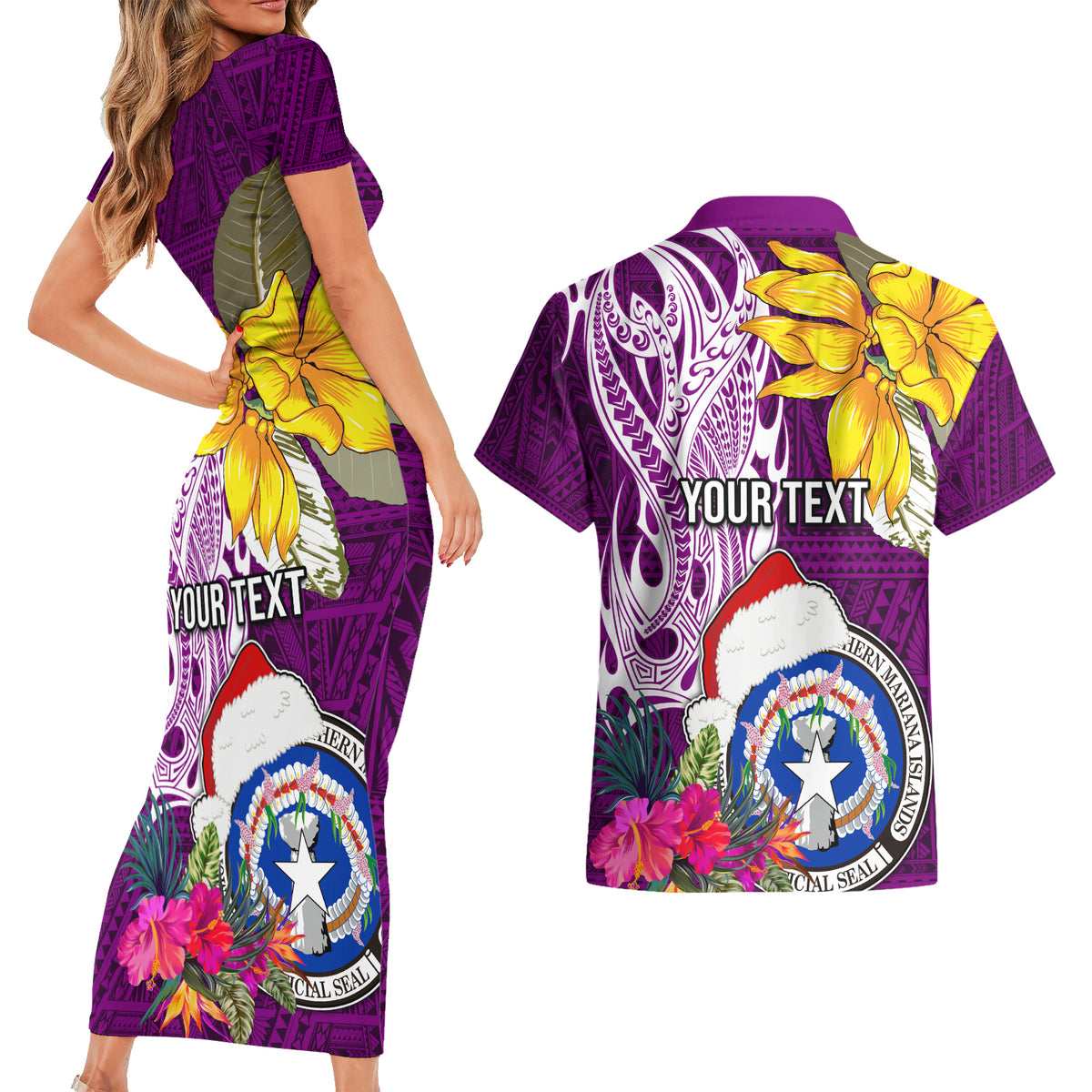 Custom Northern Mariana Islands Christmas Couples Matching Short Sleeve Bodycon Dress and Hawaiian Shirt Funny Santa Hug Latte Stone Ylang-ylang and Polynesia Pattern Pink LT03 - Polynesian Pride