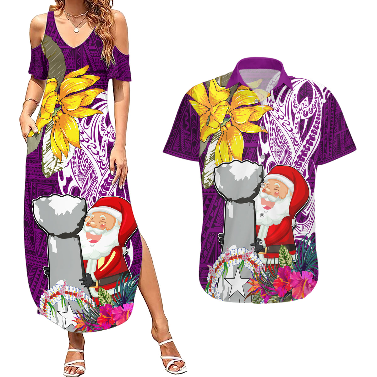 Custom Northern Mariana Islands Christmas Couples Matching Summer Maxi Dress and Hawaiian Shirt Funny Santa Hug Latte Stone Ylang-ylang and Polynesia Pattern Pink LT03 Pink - Polynesian Pride