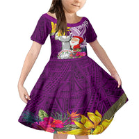 Custom Northern Mariana Islands Christmas Family Matching Mermaid Dress and Hawaiian Shirt Funny Santa Hug Latte Stone Ylang-ylang and Polynesia Pattern Pink LT03 Daughter's Dress Pink - Polynesian Pride
