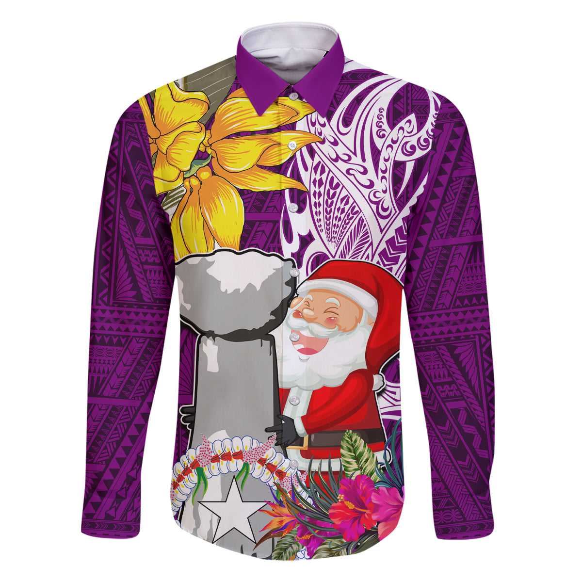 Custom Northern Mariana Islands Christmas Family Matching Mermaid Dress and Hawaiian Shirt Funny Santa Hug Latte Stone Ylang-ylang and Polynesia Pattern Pink LT03 Dad's Shirt - Long Sleeve Pink - Polynesian Pride