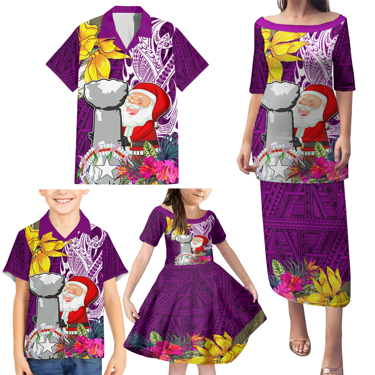 Custom Northern Mariana Islands Christmas Family Matching Puletasi Dress and Hawaiian Shirt Funny Santa Hug Latte Stone Ylang-ylang and Polynesia Pattern Pink LT03 - Polynesian Pride