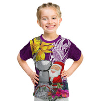 Custom Northern Mariana Islands Christmas Kid T Shirt Funny Santa Hug Latte Stone Ylang-ylang and Polynesia Pattern Pink LT03 Pink - Polynesian Pride