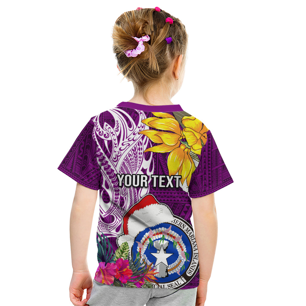 Custom Northern Mariana Islands Christmas Kid T Shirt Funny Santa Hug Latte Stone Ylang-ylang and Polynesia Pattern Pink LT03 - Polynesian Pride