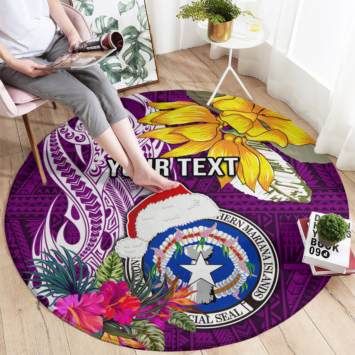 Custom Northern Mariana Islands Christmas Round Carpet Funny Santa Hug Latte Stone Ylang-ylang and Polynesia Pattern Pink LT03 - Polynesian Pride