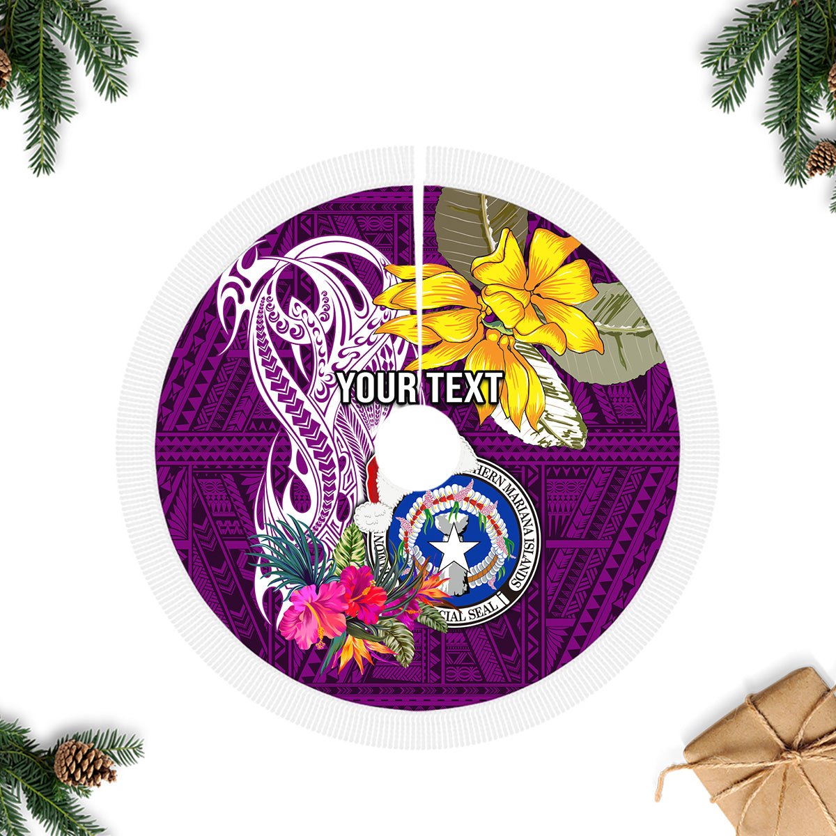 Custom Northern Mariana Islands Christmas Tree Skirt Funny Santa Hug Latte Stone Ylang-ylang and Polynesia Pattern Pink LT03 - Polynesian Pride