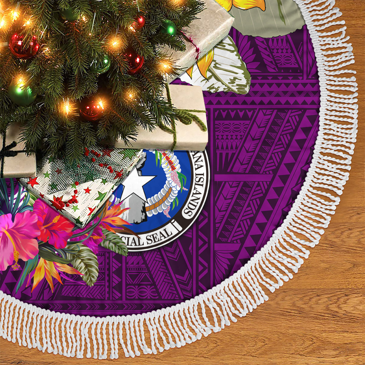 Custom Northern Mariana Islands Christmas Tree Skirt Funny Santa Hug Latte Stone Ylang-ylang and Polynesia Pattern Pink LT03 - Polynesian Pride