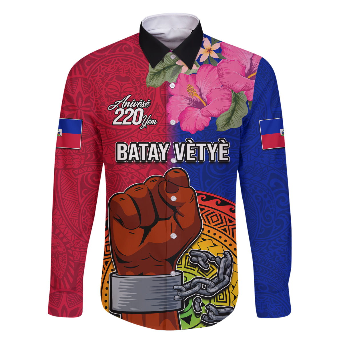 Haiti Battle of Vertieres Family Matching Long Sleeve Bodycon Dress and Hawaiian Shirt The Haitian Revolution 220th Anniversary Polynesian Style LT03 Dad's Shirt - Long Sleeve Red - Polynesian Pride