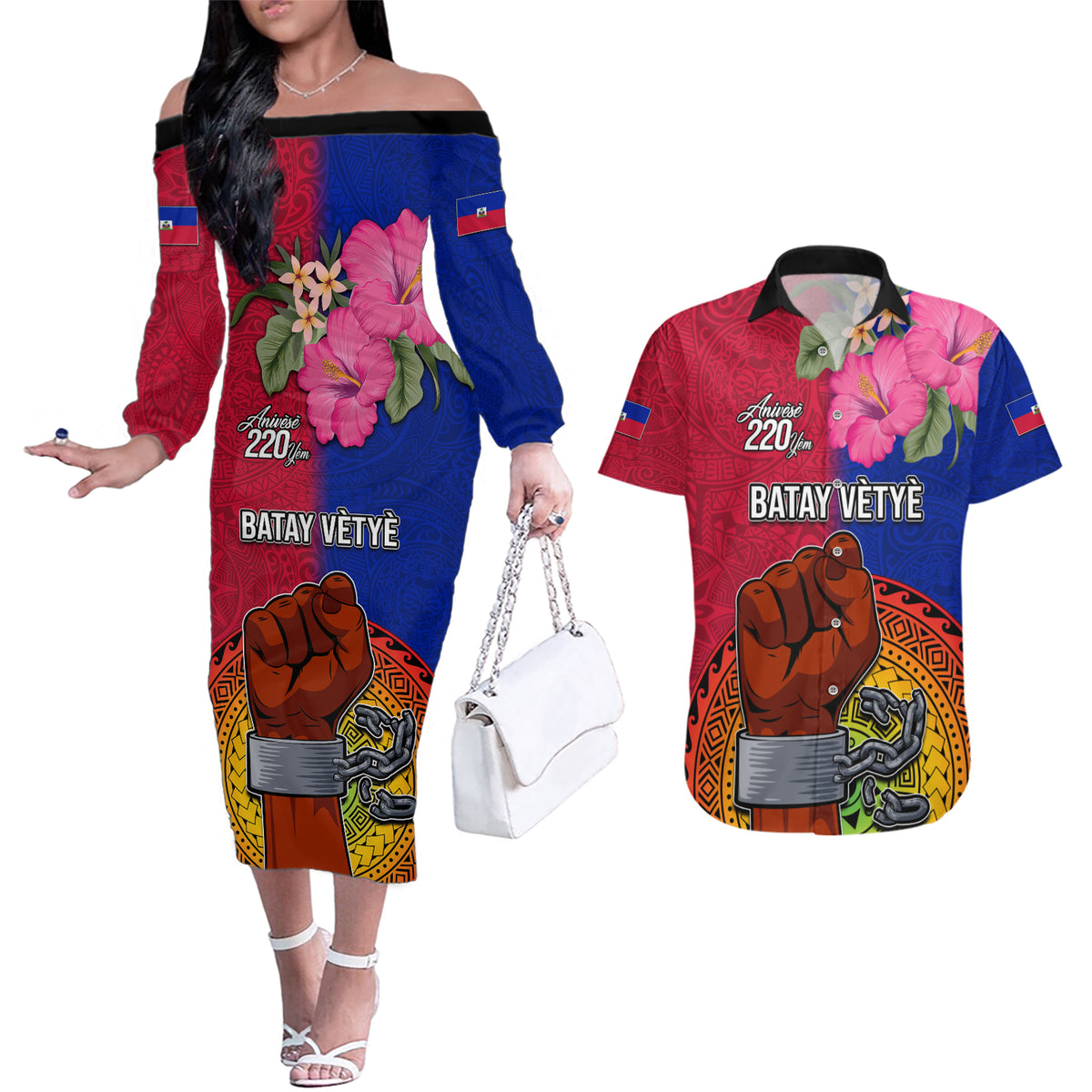 Personalised Haiti Battle of Vertieres Couples Matching Off The Shoulder Long Sleeve Dress and Hawaiian Shirt The Haitian Revolution 220th Anniversary Polynesian Style LT03 Red - Polynesian Pride