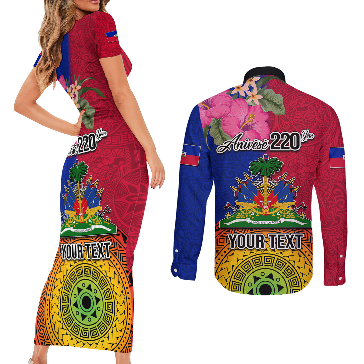 Personalised Haiti Battle of Vertieres Couples Matching Short Sleeve Bodycon Dress and Long Sleeve Button Shirt The Haitian Revolution 220th Anniversary Polynesian Style LT03 - Polynesian Pride