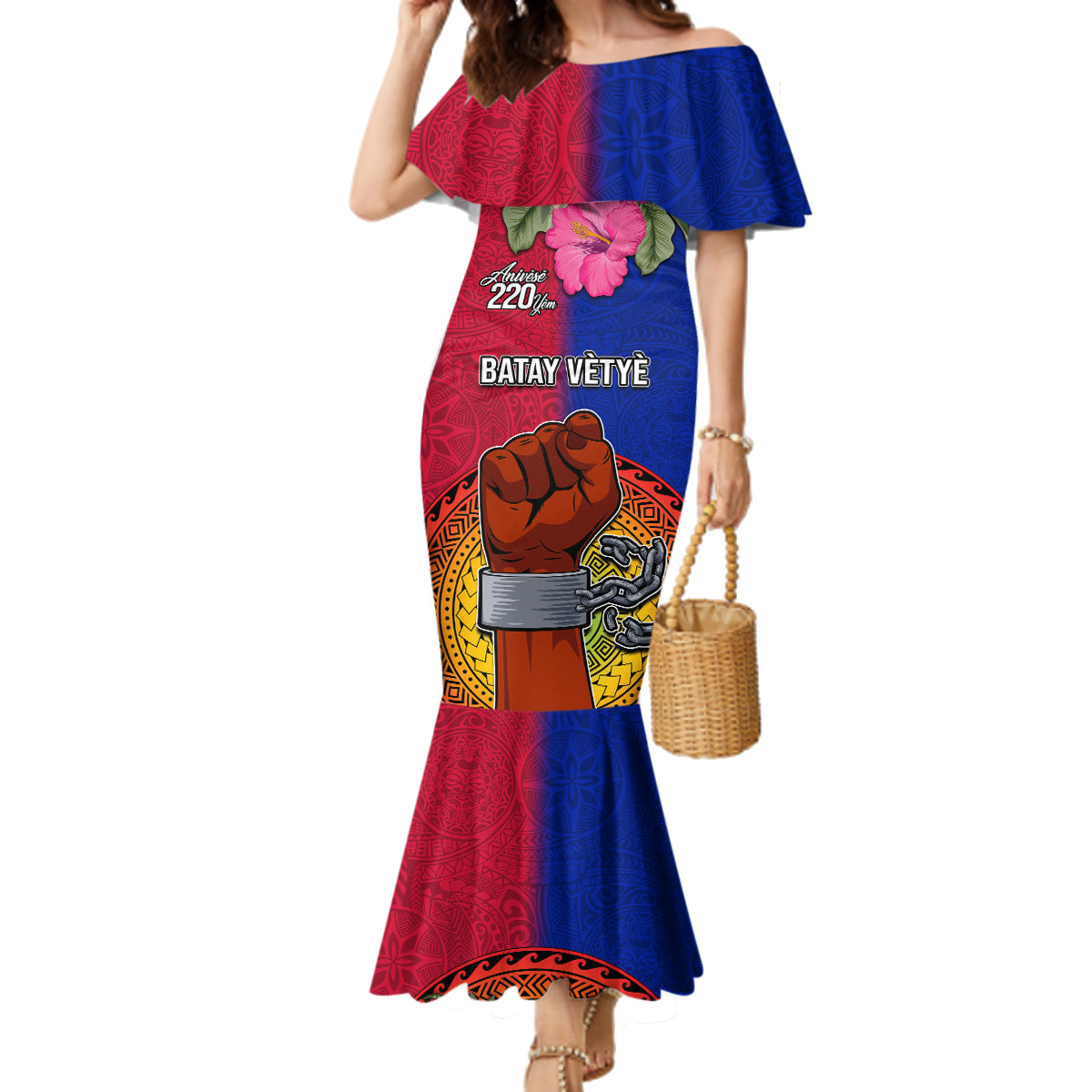Personalised Haiti Battle of Vertieres Family Matching Mermaid Dress and Hawaiian Shirt The Haitian Revolution 220th Anniversary Polynesian Style LT03 Mom's Dress Red - Polynesian Pride