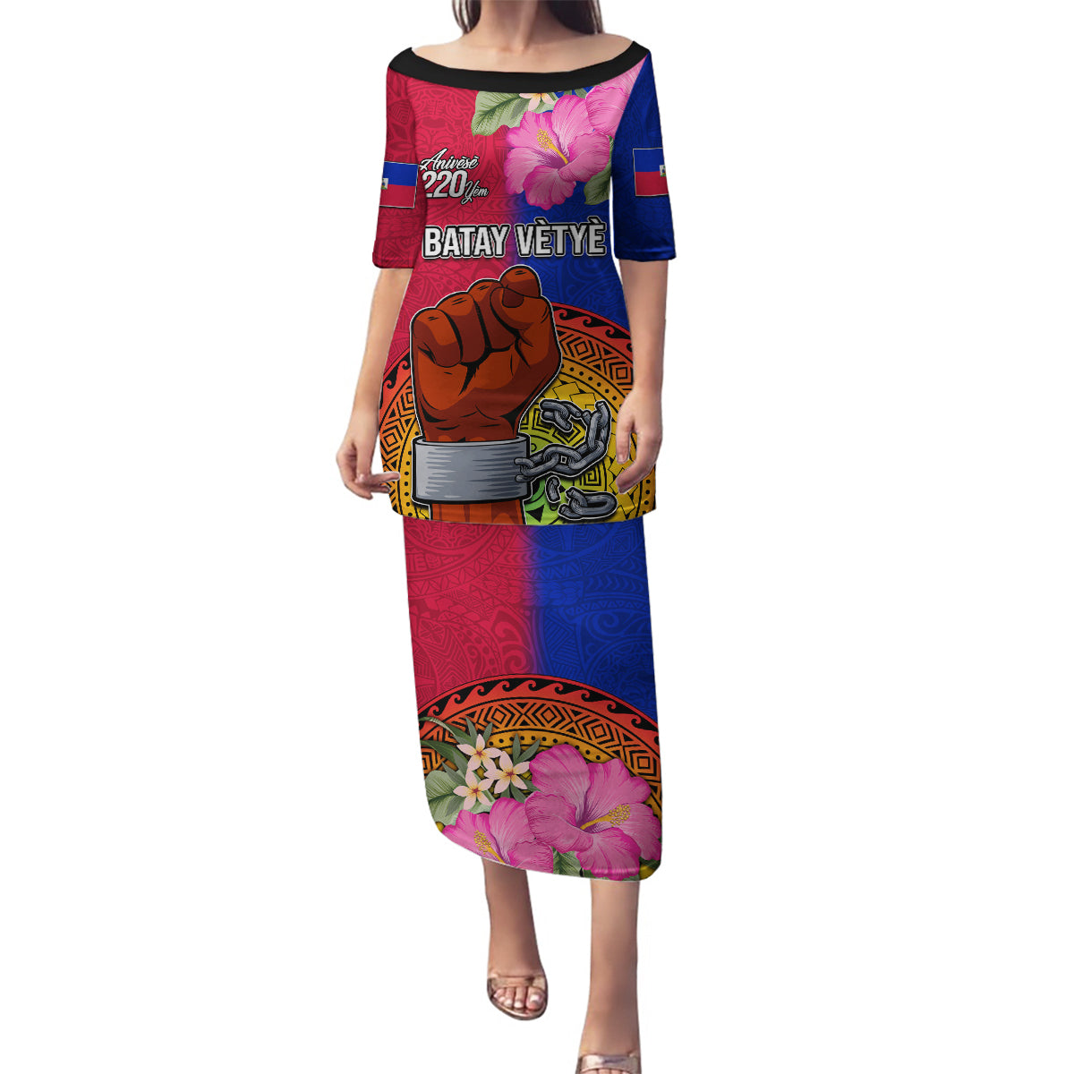 Personalised Haiti Battle of Vertieres Family Matching Puletasi Dress and Hawaiian Shirt The Haitian Revolution 220th Anniversary Polynesian Style LT03 Mom's Dress Red - Polynesian Pride