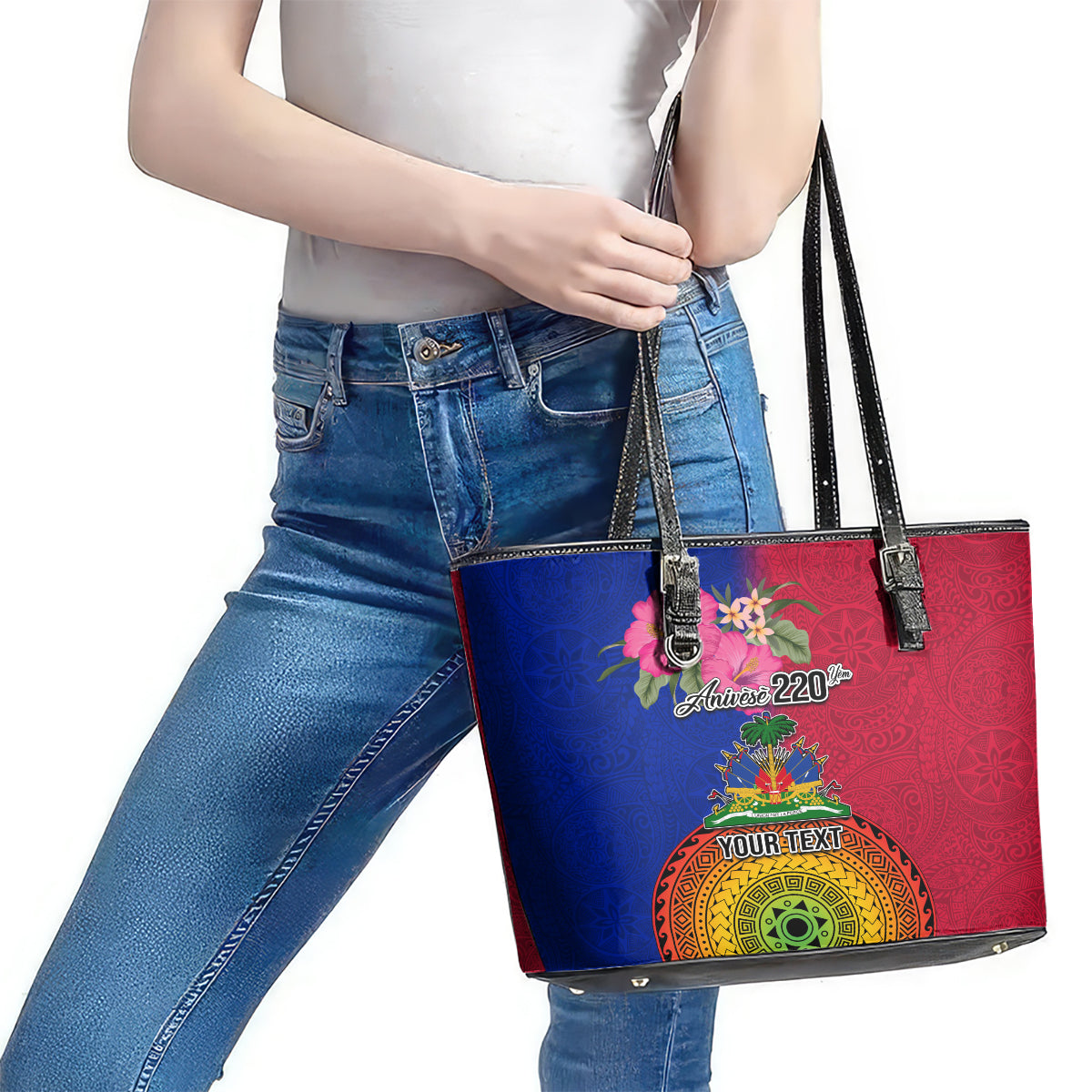 Personalised Haiti Battle of Vertieres Leather Tote Bag The Haitian Revolution 220th Anniversary Polynesian Style LT03 - Polynesian Pride