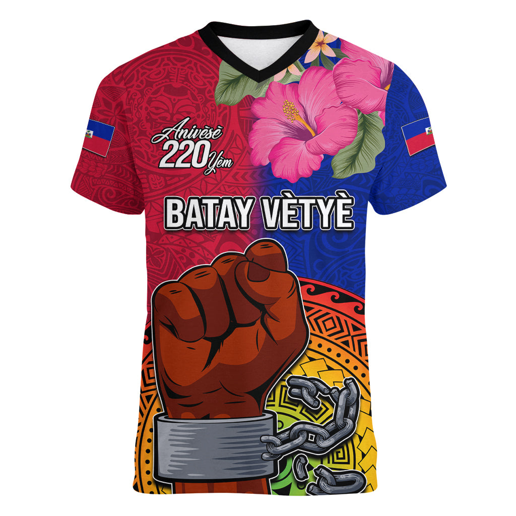 Personalised Haiti Battle of Vertieres Women V Neck T Shirt The Haitian Revolution 220th Anniversary Polynesian Style LT03 Female Red - Polynesian Pride