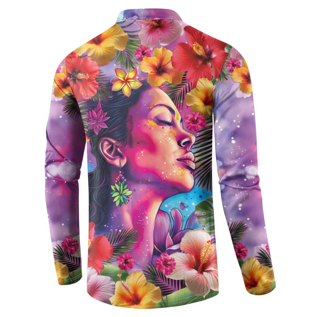 Polynesian Women Button Sweatshirt Tropical Plant - Vibrant Surreal Dreamscape Vibe