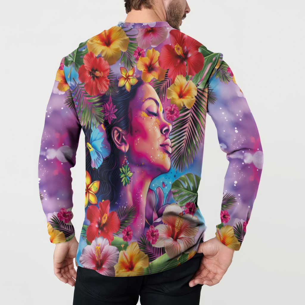Polynesian Women Button Sweatshirt Tropical Plant - Vibrant Surreal Dreamscape Vibe