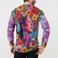 Polynesian Women Button Sweatshirt Tropical Plant - Vibrant Surreal Dreamscape Vibe