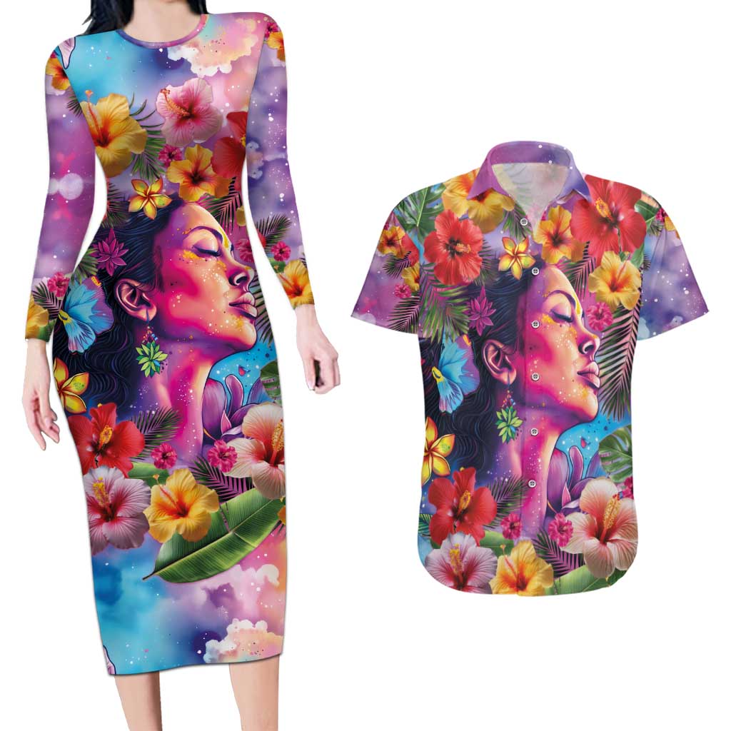 Polynesian Women Couples Matching Long Sleeve Bodycon Dress and Hawaiian Shirt Tropical Plant - Vibrant Surreal Dreamscape Vibe