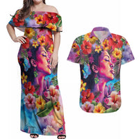 Polynesian Women Couples Matching Off Shoulder Maxi Dress and Hawaiian Shirt Tropical Plant - Vibrant Surreal Dreamscape Vibe