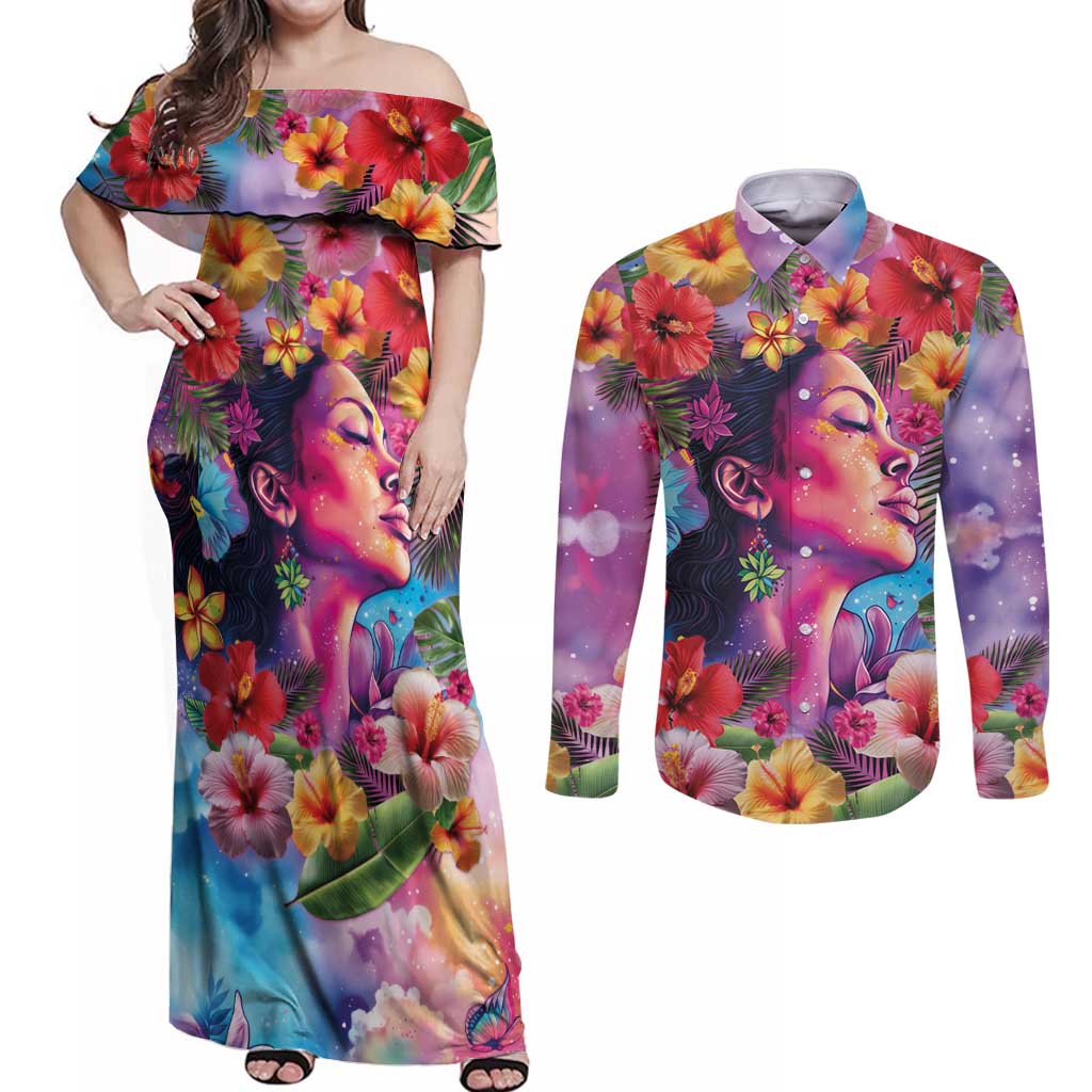 Polynesian Women Couples Matching Off Shoulder Maxi Dress and Long Sleeve Button Shirt Tropical Plant - Vibrant Surreal Dreamscape Vibe