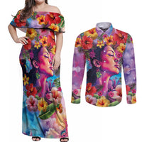 Polynesian Women Couples Matching Off Shoulder Maxi Dress and Long Sleeve Button Shirt Tropical Plant - Vibrant Surreal Dreamscape Vibe
