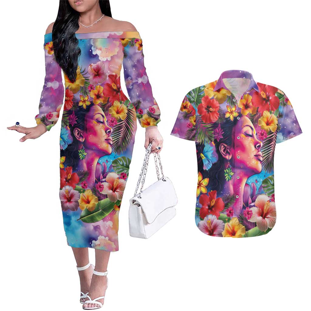 Polynesian Women Couples Matching Off The Shoulder Long Sleeve Dress and Hawaiian Shirt Tropical Plant - Vibrant Surreal Dreamscape Vibe
