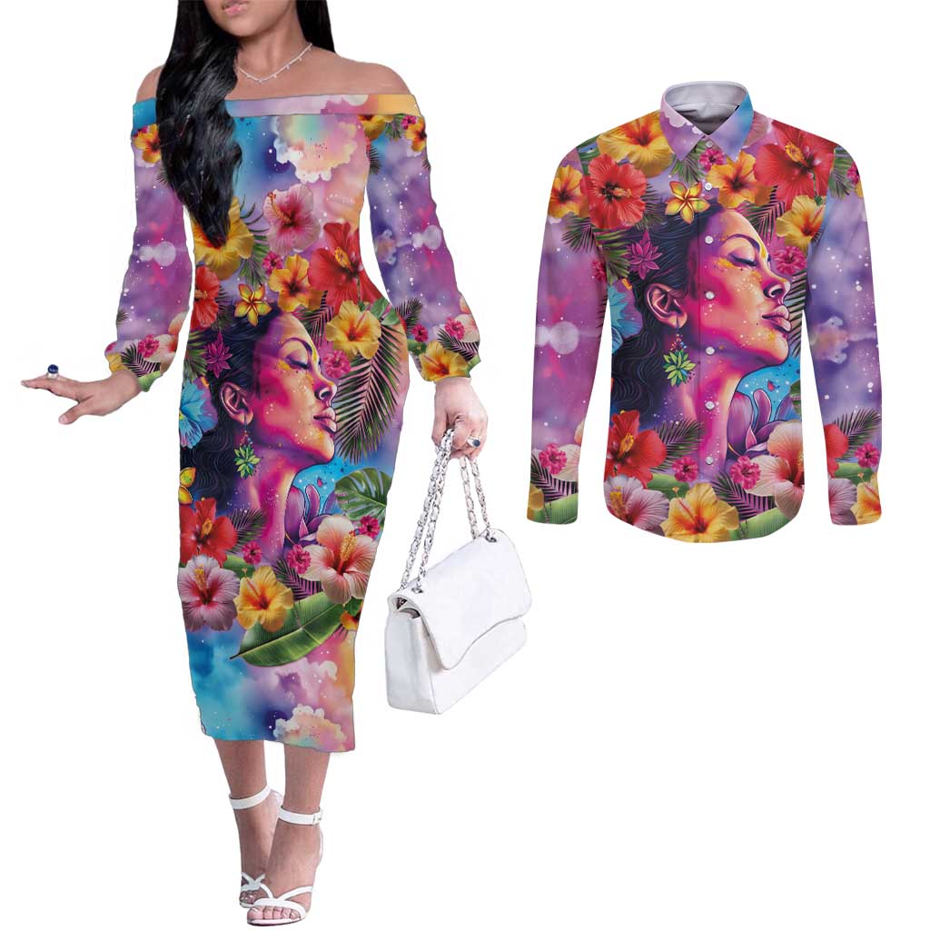 Polynesian Women Couples Matching Off The Shoulder Long Sleeve Dress and Long Sleeve Button Shirt Tropical Plant - Vibrant Surreal Dreamscape Vibe