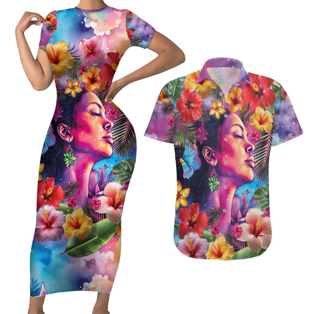 Polynesian Women Couples Matching Short Sleeve Bodycon Dress and Hawaiian Shirt Tropical Plant - Vibrant Surreal Dreamscape Vibe