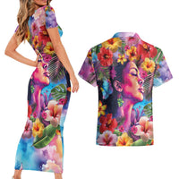 Polynesian Women Couples Matching Short Sleeve Bodycon Dress and Hawaiian Shirt Tropical Plant - Vibrant Surreal Dreamscape Vibe
