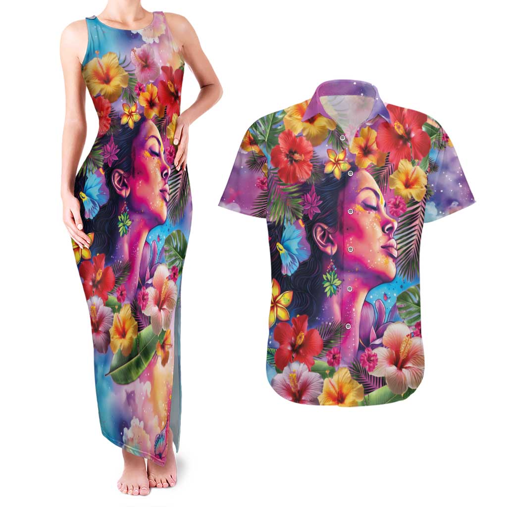 Polynesian Women Couples Matching Tank Maxi Dress and Hawaiian Shirt Tropical Plant - Vibrant Surreal Dreamscape Vibe