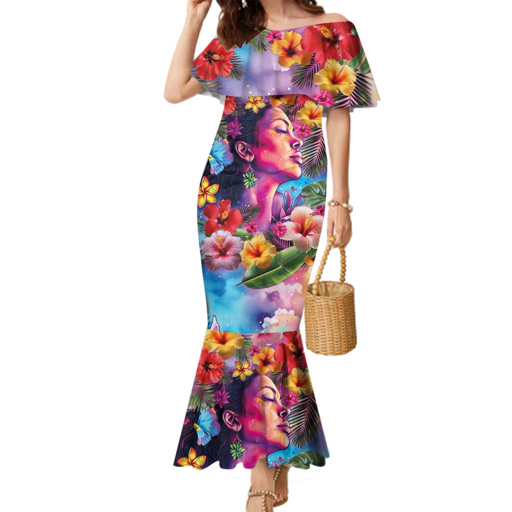 Polynesian Women Family Matching Mermaid Dress and Hawaiian Shirt Tropical Plant - Vibrant Surreal Dreamscape Vibe