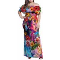 Polynesian Women Family Matching Off Shoulder Maxi Dress and Hawaiian Shirt Tropical Plant - Vibrant Surreal Dreamscape Vibe