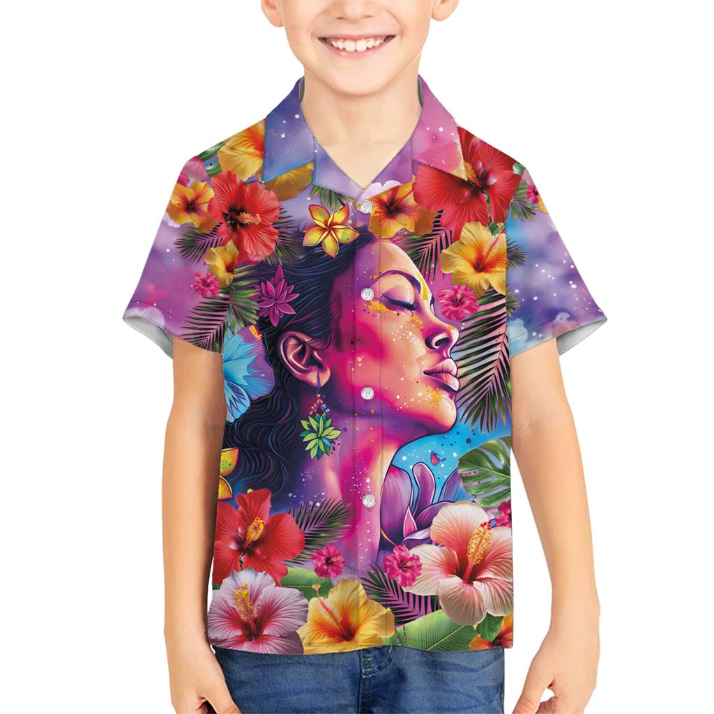 Polynesian Women Family Matching Off Shoulder Maxi Dress and Hawaiian Shirt Tropical Plant - Vibrant Surreal Dreamscape Vibe