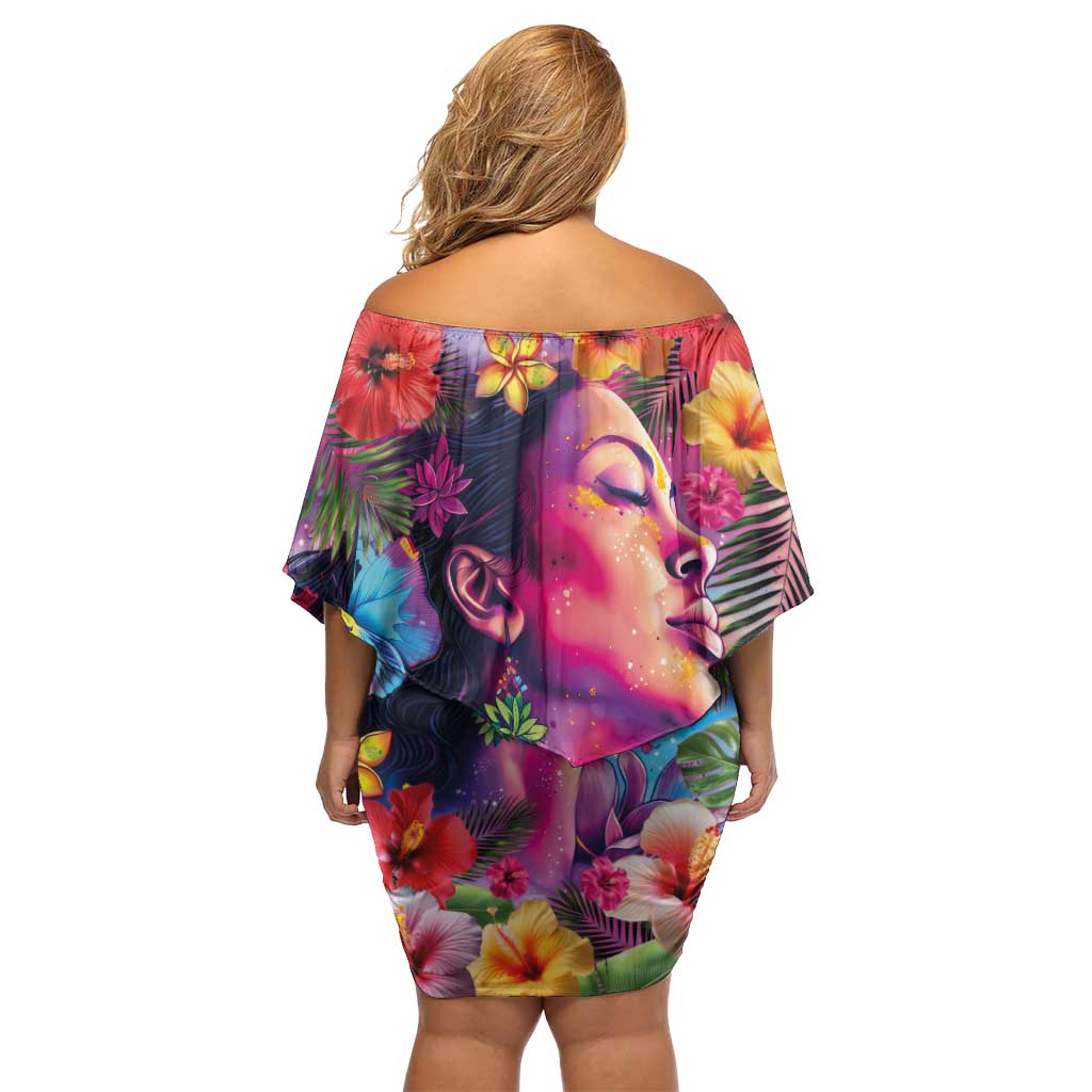 Polynesian Women Family Matching Off Shoulder Short Dress and Hawaiian Shirt Tropical Plant - Vibrant Surreal Dreamscape Vibe