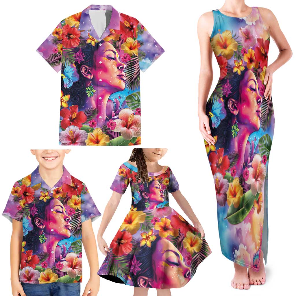 Polynesian Women Family Matching Tank Maxi Dress and Hawaiian Shirt Tropical Plant - Vibrant Surreal Dreamscape Vibe