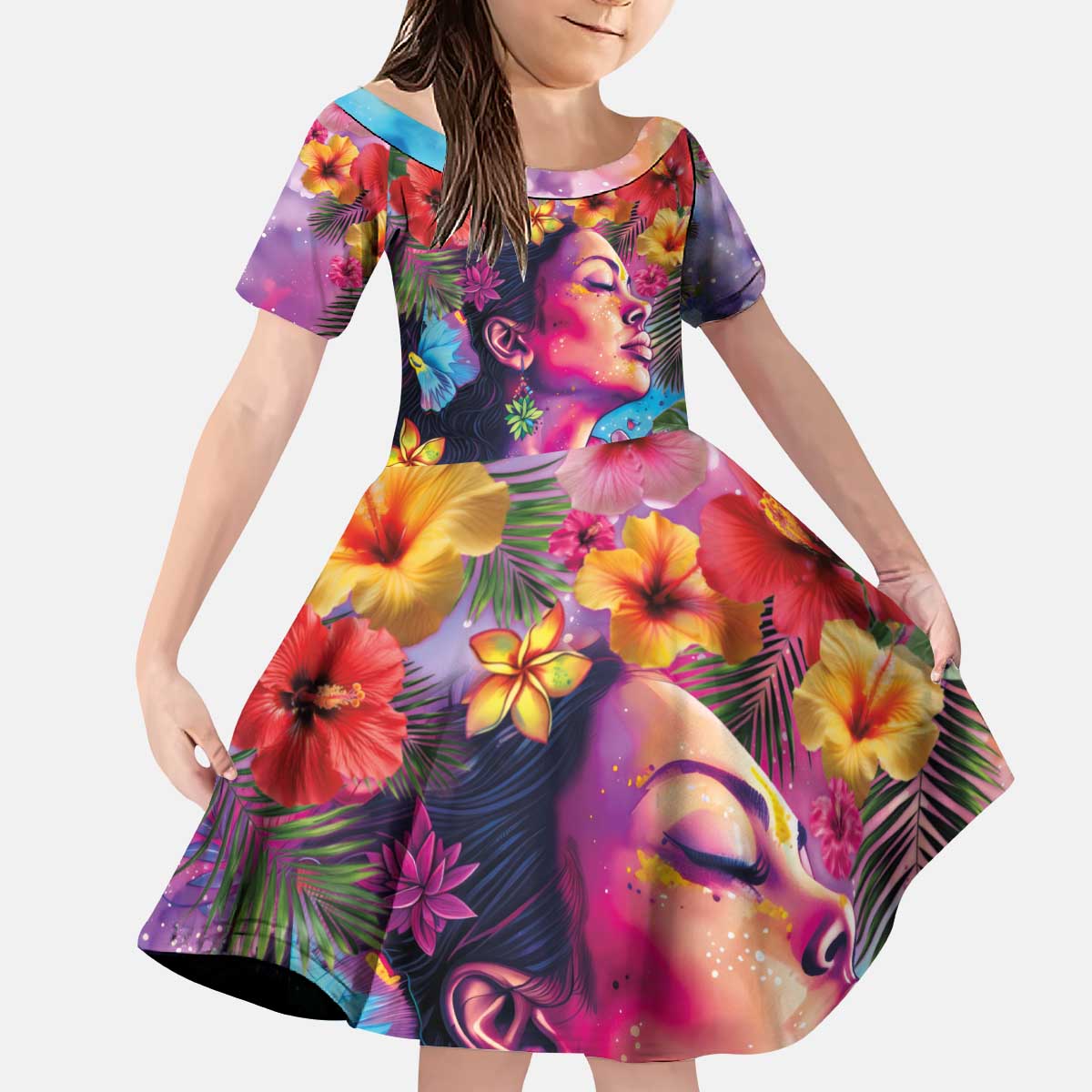 Polynesian Women Kid Short Sleeve Dress Tropical Plant - Vibrant Surreal Dreamscape Vibe