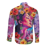 Polynesian Women Long Sleeve Button Shirt Tropical Plant - Vibrant Surreal Dreamscape Vibe