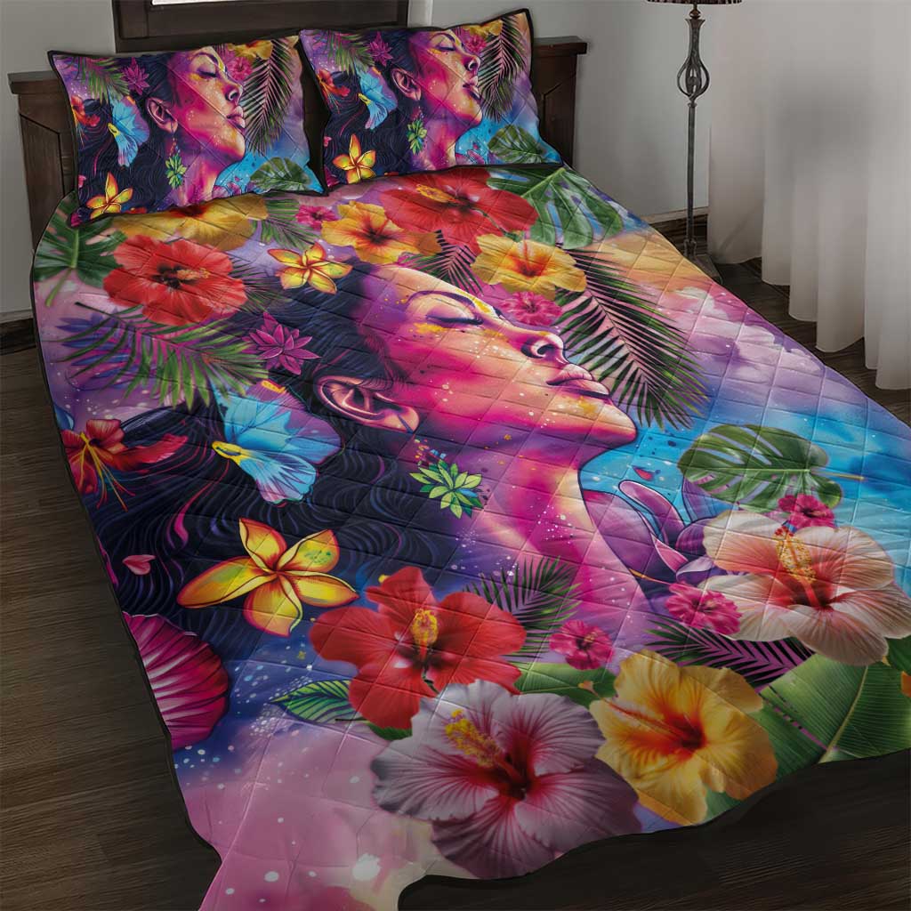 Polynesian Women Quilt Bed Set Tropical Plant - Vibrant Surreal Dreamscape Vibe